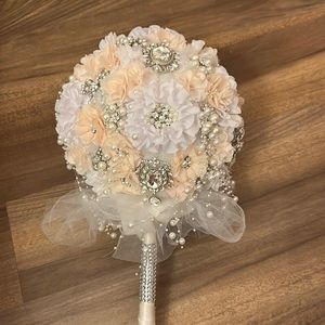 Custom made rhinestone and pearl, blush and white brooch bridal bouquet